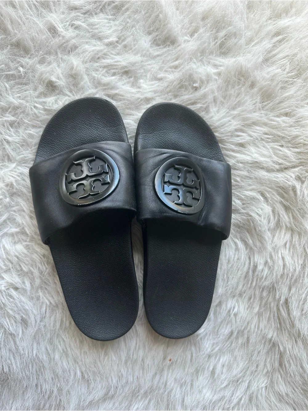 Tory Burch women’s Black Leather double T Logo Lina Slide Sandals 7